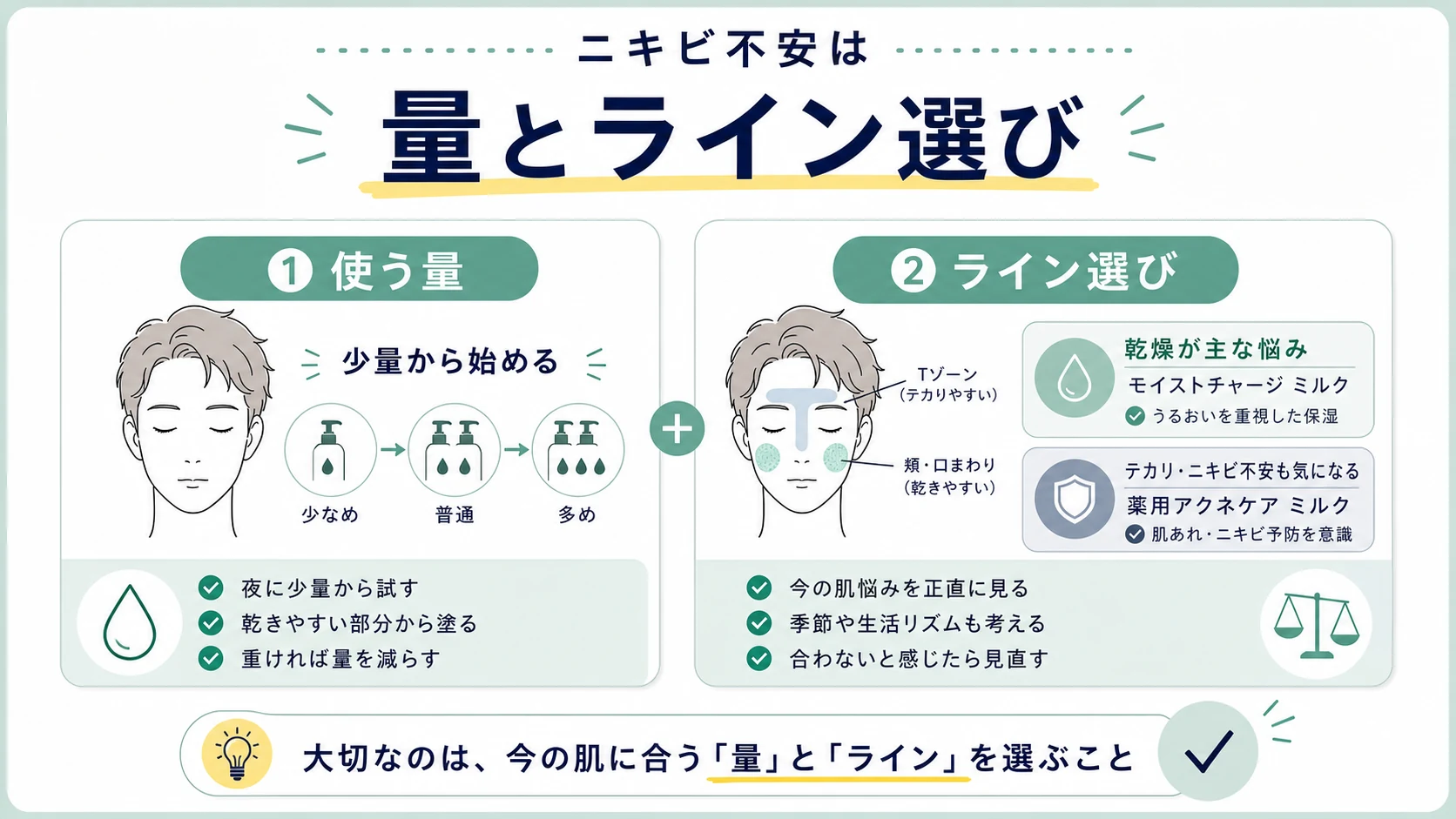 ミノン乳液でニキビができるかを量とライン選びで整理した図解