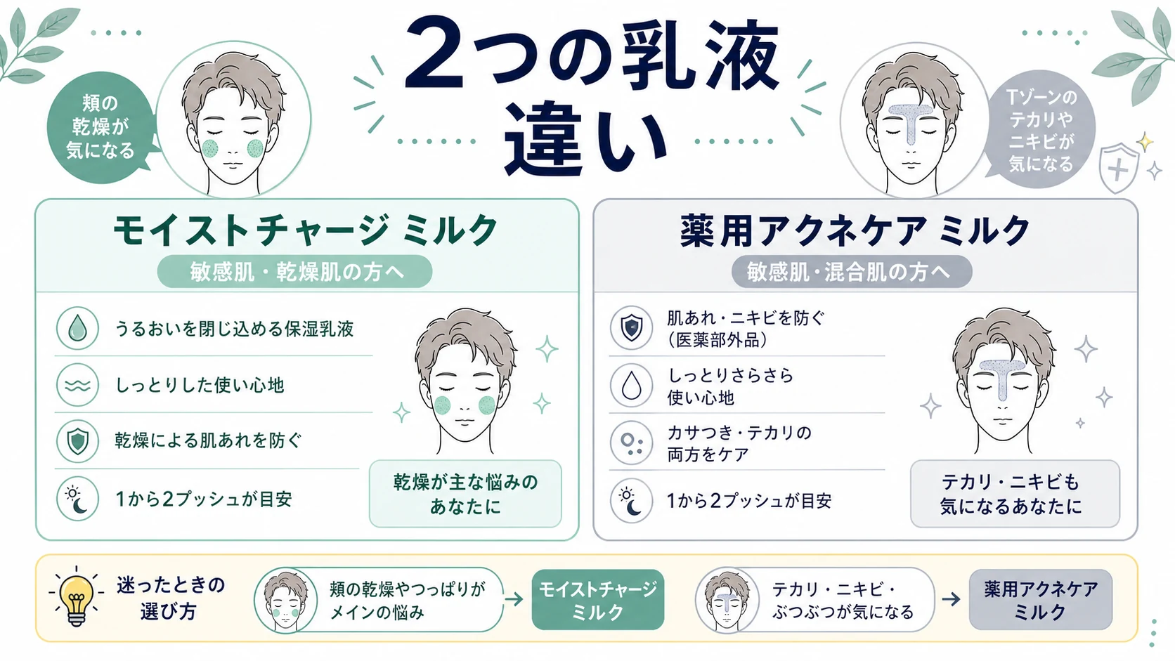 モイストチャージ ミルクと薬用アクネケア ミルクの違いを比較した図解