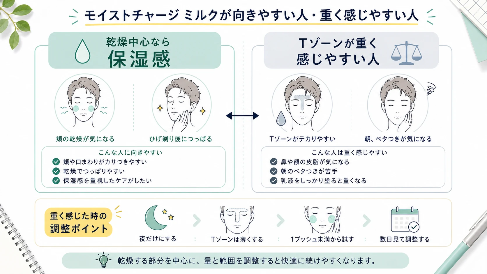 モイストチャージ ミルクが向きやすい人と重く感じやすい人を整理した図解