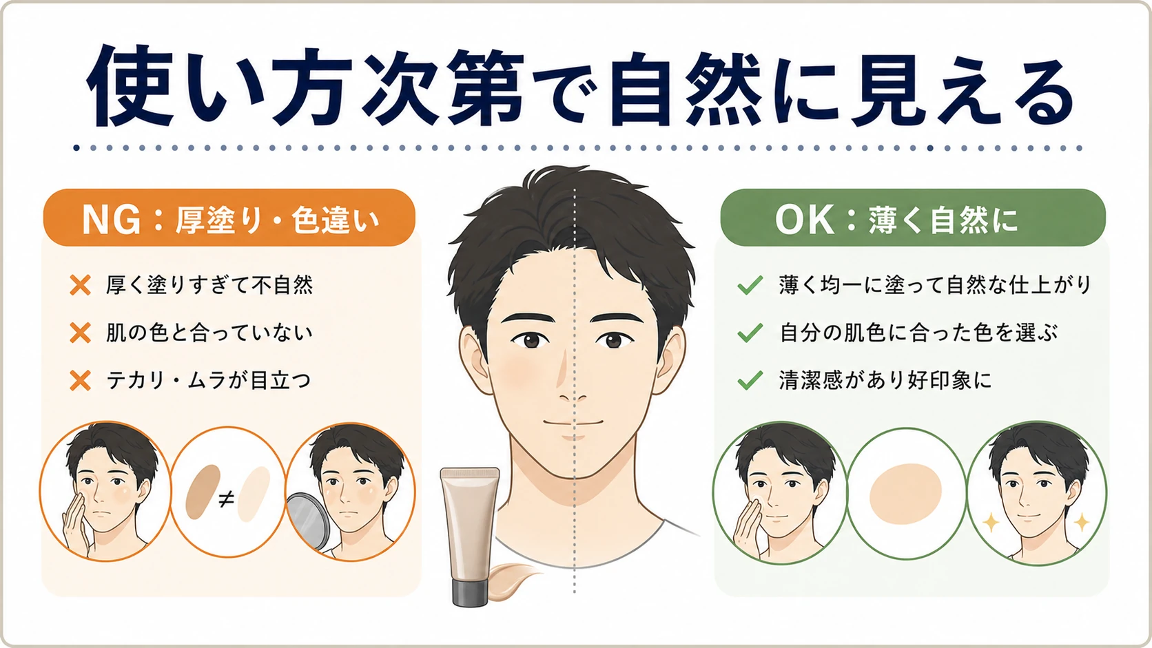 男のBBクリームは使い方次第で自然に見えることを整理した図解