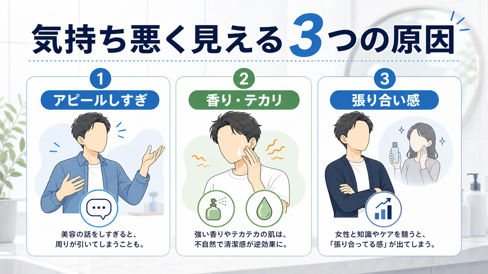 男の化粧水が気持ち悪く見える3つの原因を整理した図解