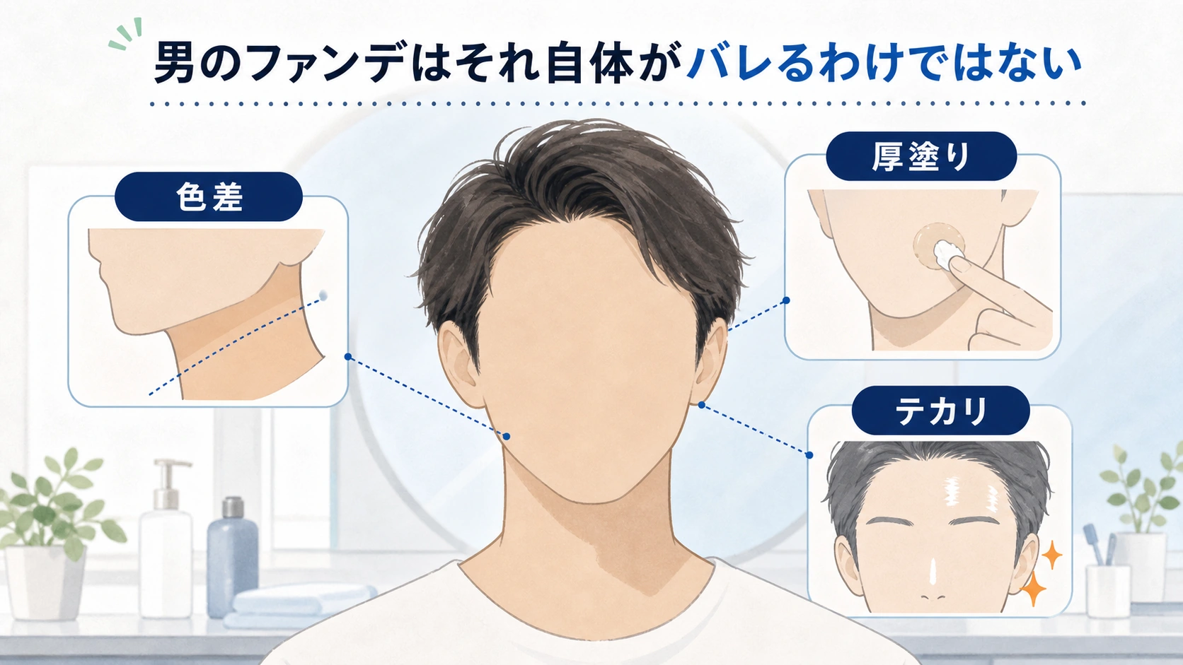 男のファンデーションはやり方次第で自然に見えることを示す図解