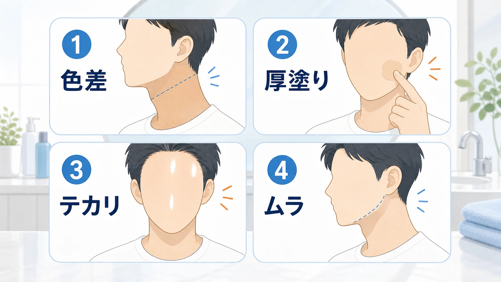 男のファンデーションがバレる4つの原因を示す図解