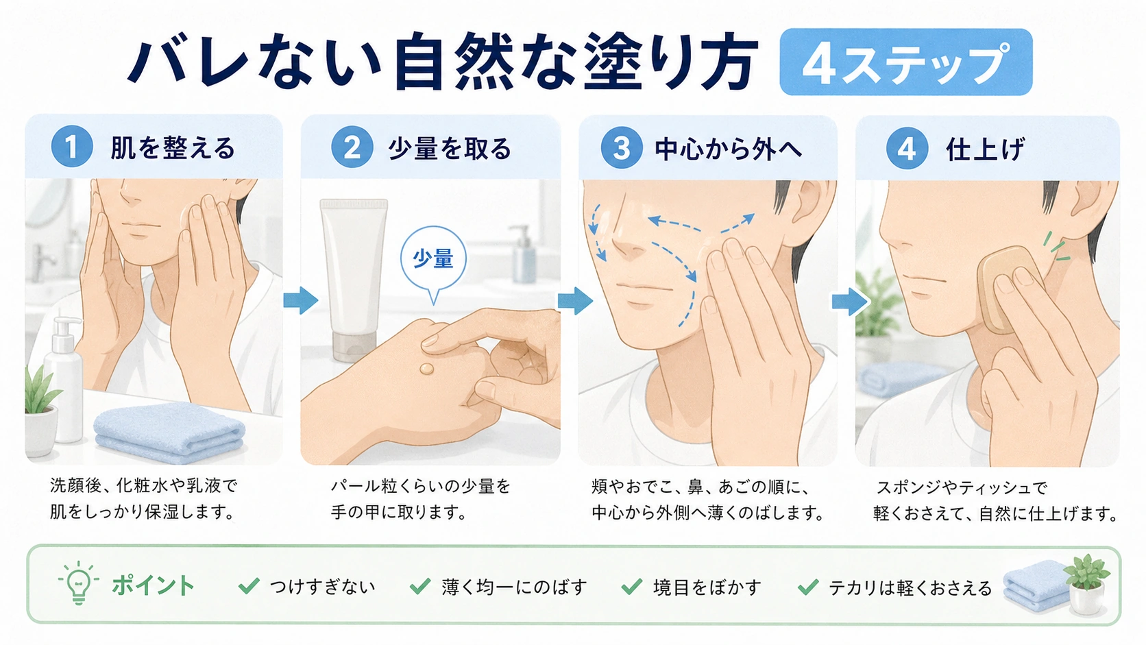 男でもバレないファンデーションの塗り方4ステップ図解