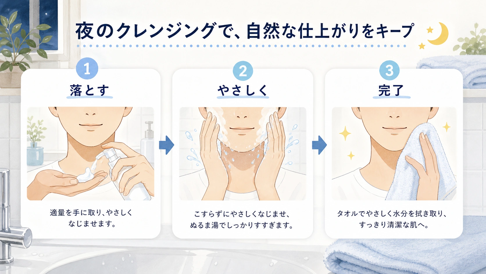 ファンデーションとBBクリームを夜に落とす手順の図解
