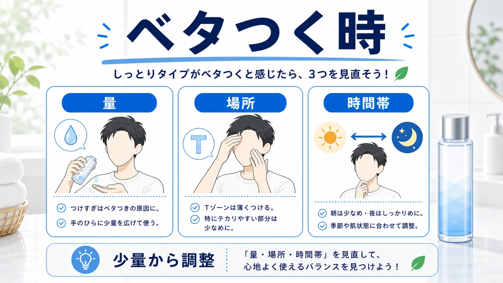 白潤しっとりでベタつく時に量と場所と時間帯を見直す図解