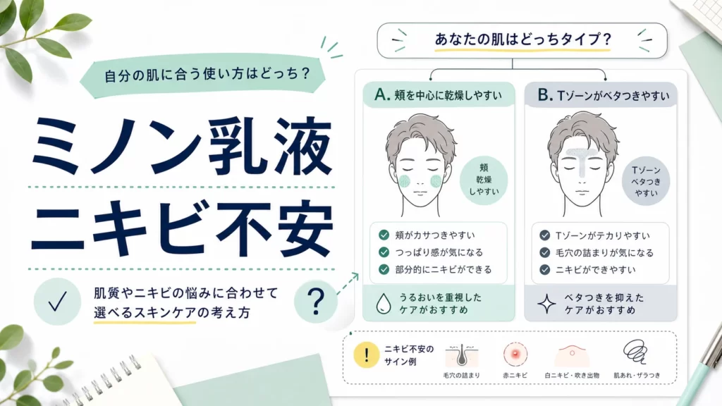 ミノンの乳液でニキビはできる？モイストチャージと薬用アクネケアの違いのアイキャッチ