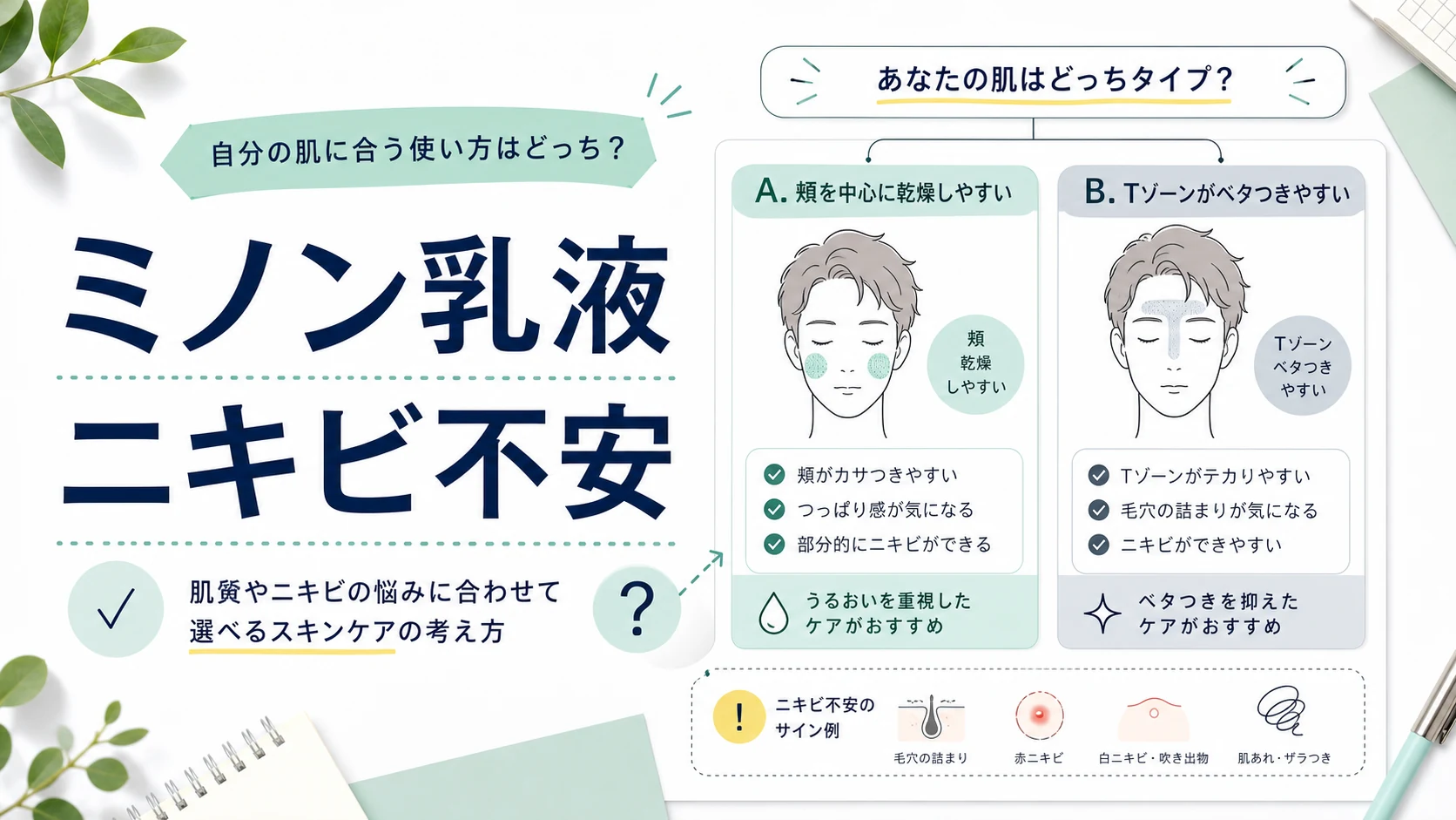 ミノンの乳液でニキビはできる？モイストチャージと薬用アクネケアの違いのアイキャッチ