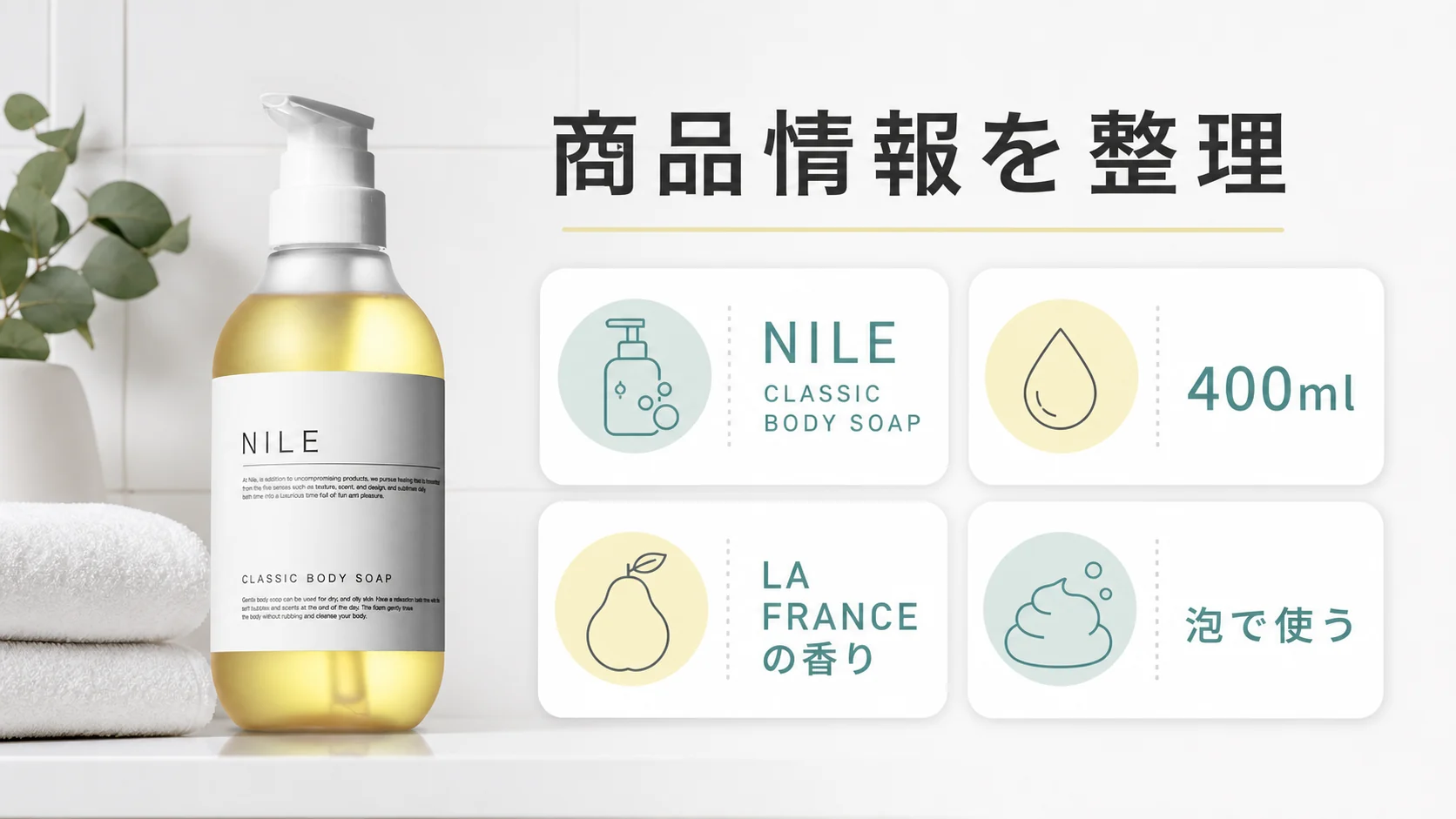 NILEクラシックボディーソープの商品情報を整理する図解