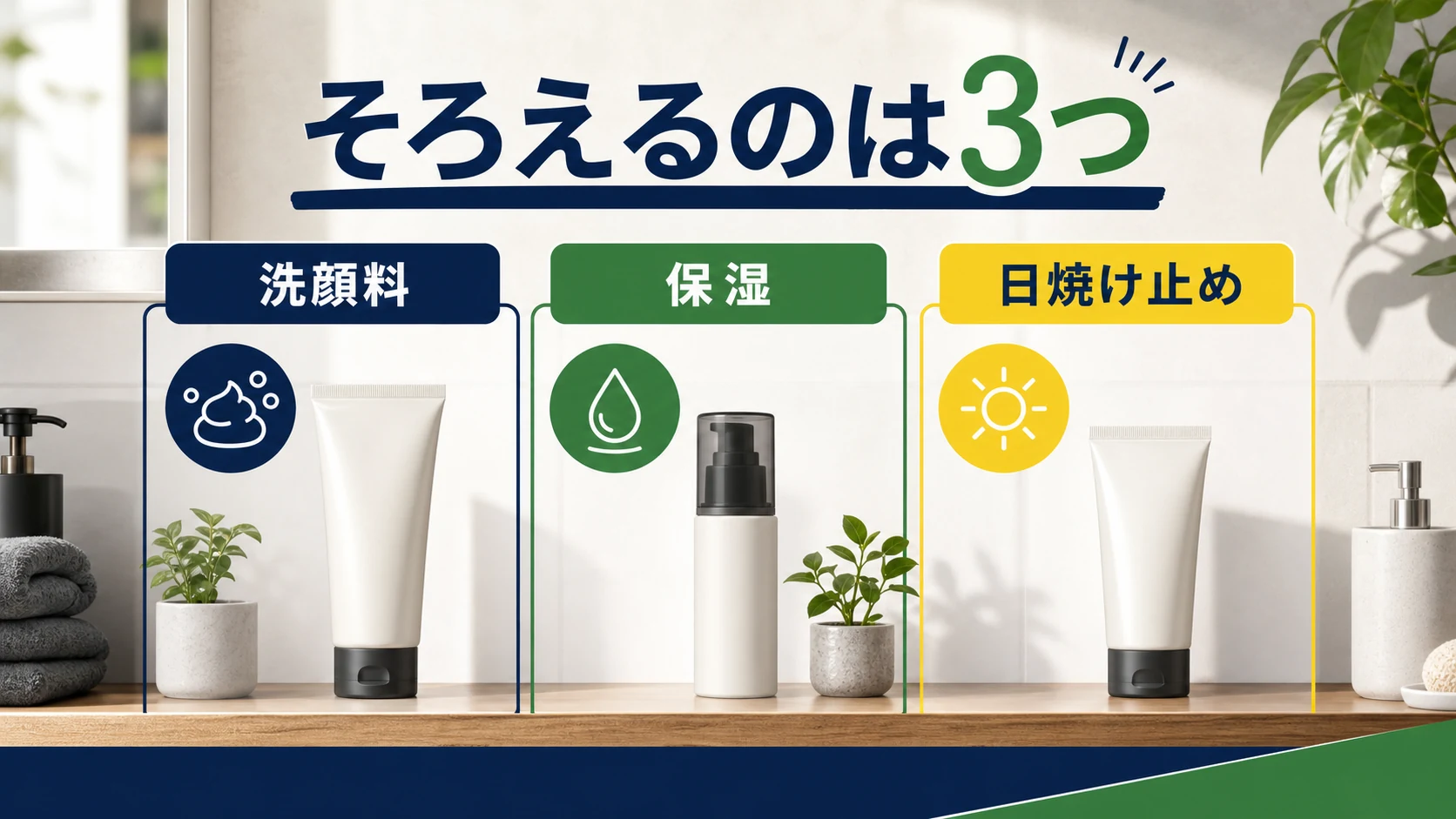 40代男性が最初にそろえる洗顔料・保湿・日焼け止めを並べた図解