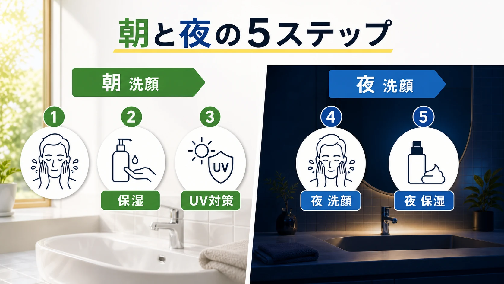 40代男性の朝と夜のスキンケア手順を5ステップで整理した図解