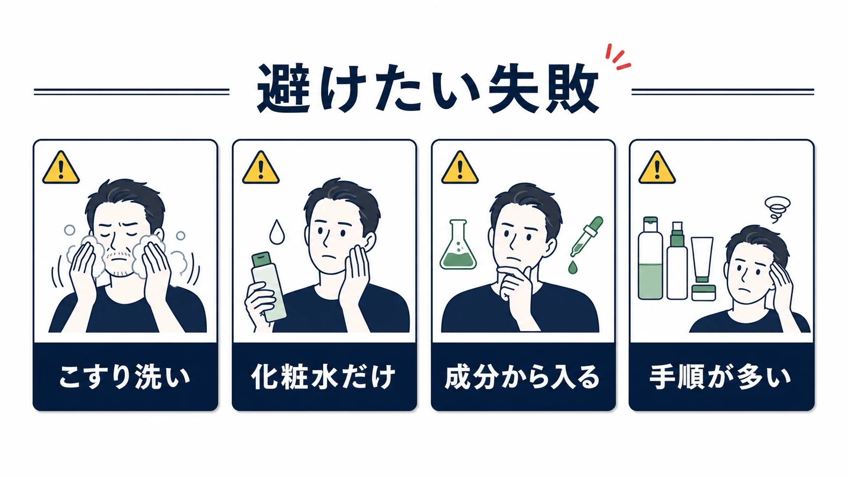 40代男性がやりがちなスキンケアの失敗を避けるポイントを整理した図解