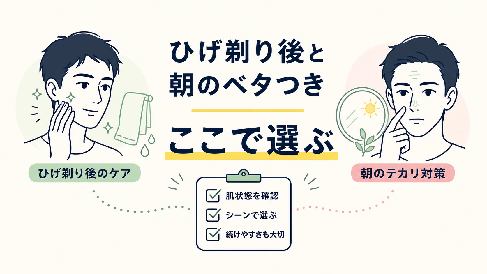 30代男性がひげ剃り後と朝のベタつきで選ぶポイントを示す図解