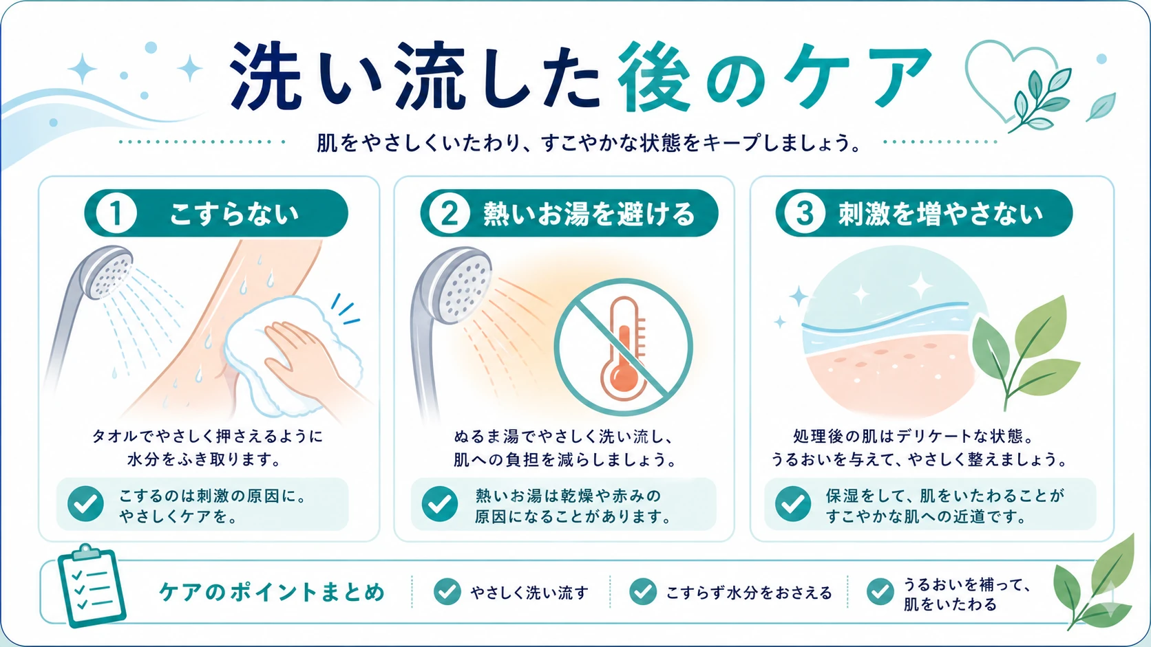 BSTEP除毛クリームを洗い流した後のケアを整理した図解