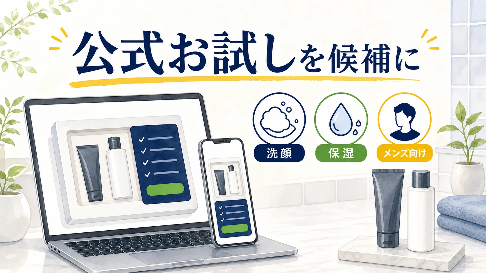 スキンケアを何から始めるか迷う男性にオルビスMr.を候補として示す図解