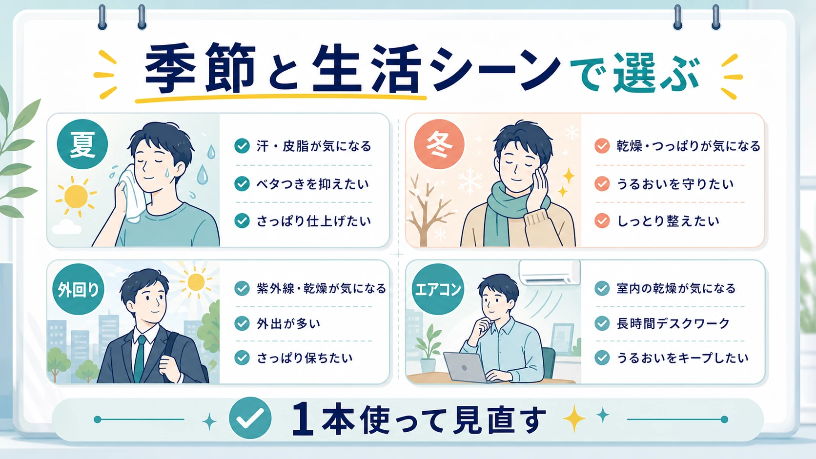 季節や生活シーンでメンズビオレ化粧水を選ぶ目安の図解